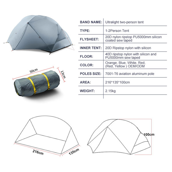 2 People Nylon Aluminum Pole Ultralight Outdoor Camping Tent